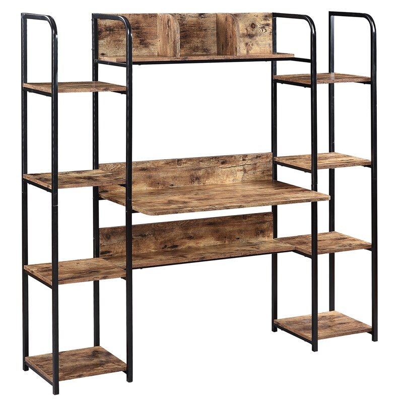 Simple home office computer desk with storage cabinet and double bookcase, computer workstation with storage bookshelf