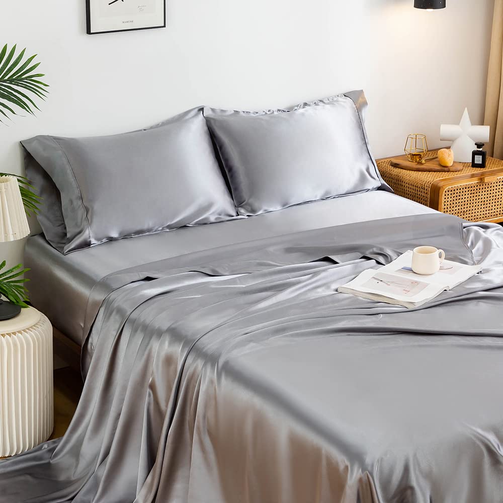 Satin Sheets King Size Sheet Set 3 Piece Luxurious Soft Sheets with Deep Pockets Cool Fitted Sheets for Summer