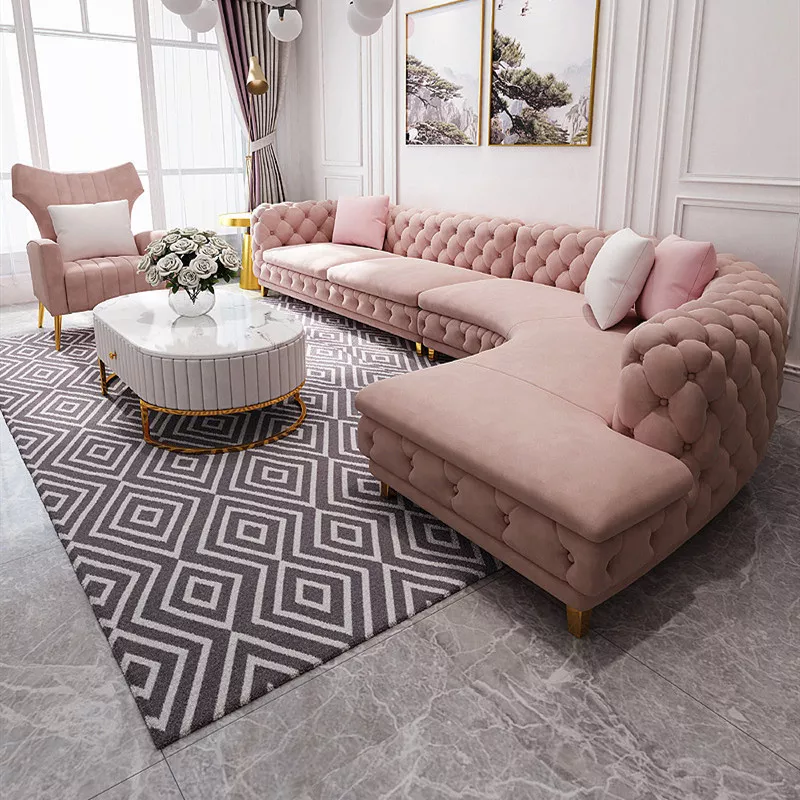 Modern minimalist button pink velvet leather sofa creative design curved bubble leisure sofa fashion
