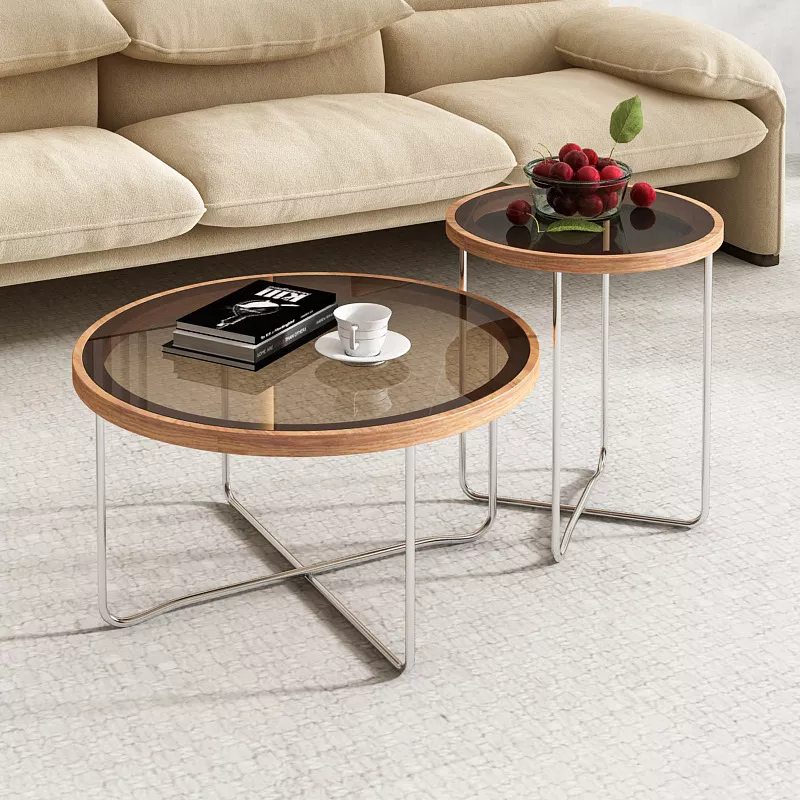 Fashion transparent side table gray black round glass coffee table industrial minimalist wooden small table