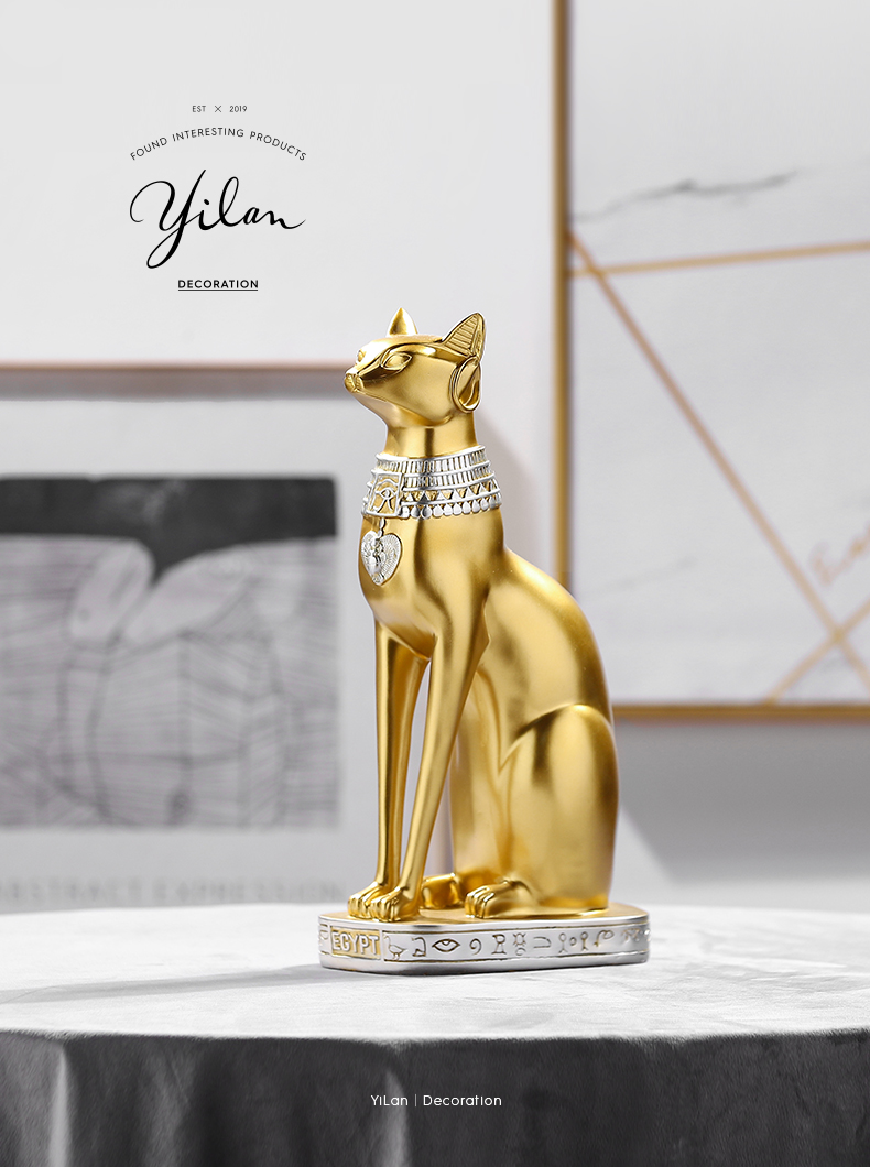 Simple Design Golden Ancient Egyptian Cat Sculpture Light Luxury Home Living Room Decoration Small Statue Indoor Resin Craft