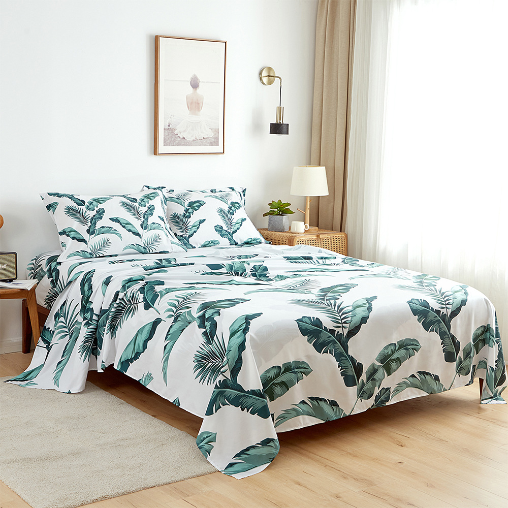Bed Linens Set Fitted Sheet Matress Covers King Size Leaves Pattern Flat Sheets 4Pcs Double Bedding Sheets and Pillowcase