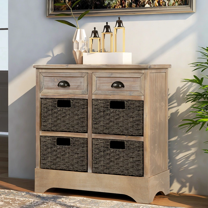 Simple Rustic Storage Cabinet with Two Drawers and Four Classic Rattan Baskets