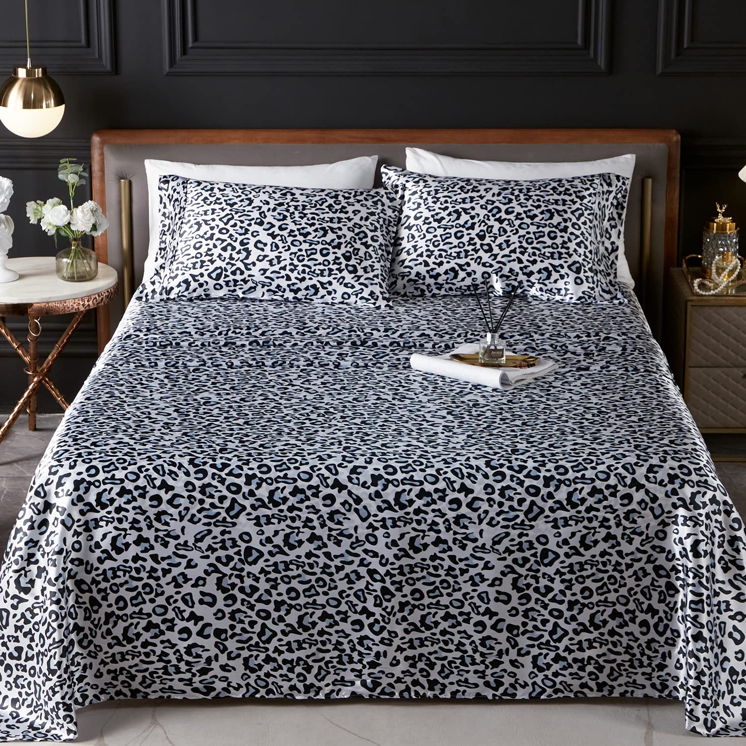 Sheet Set Queen Bed Sheet Pillowcase Satin White Leopard Sheet Summer Bedding Set