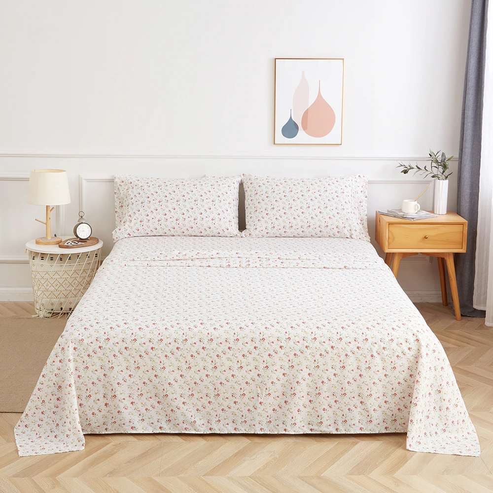 Sheet Set King Sheet Flat Bed Pillowcase 4 Pieces Floral Print Linen Mattress Cover for Bedding Set