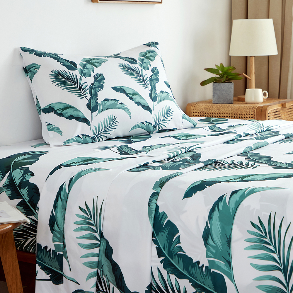 Bed Linens Set Fitted Sheet Matress Covers King Size Leaves Pattern Flat Sheets 4Pcs Double Bedding Sheets and Pillowcase