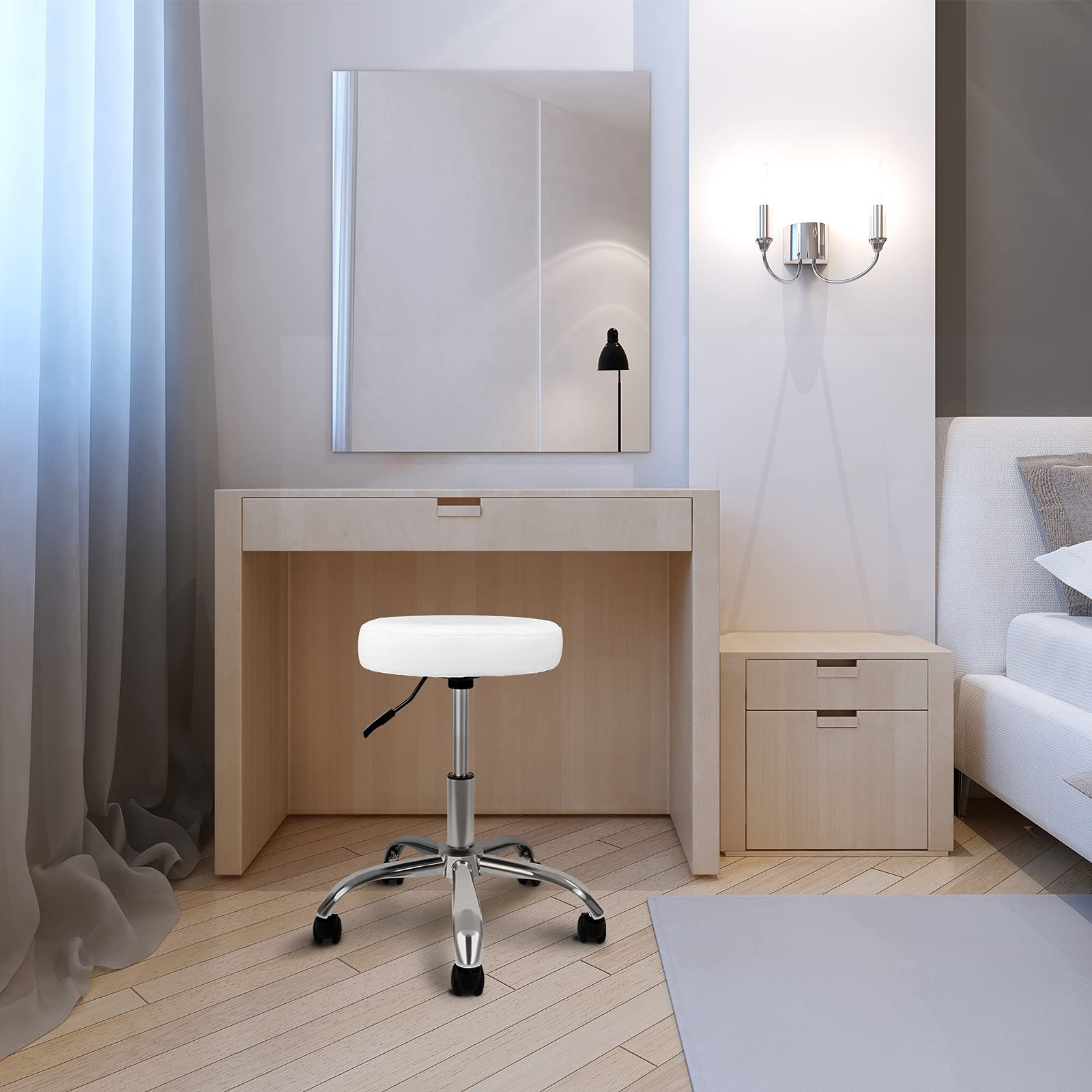 Simple Round Stool Chair With Wheels Height Adjustable, Black