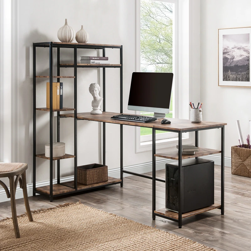 Simple home office computer desk with multiple storage shelves, modern large desk with bookshelves and storage