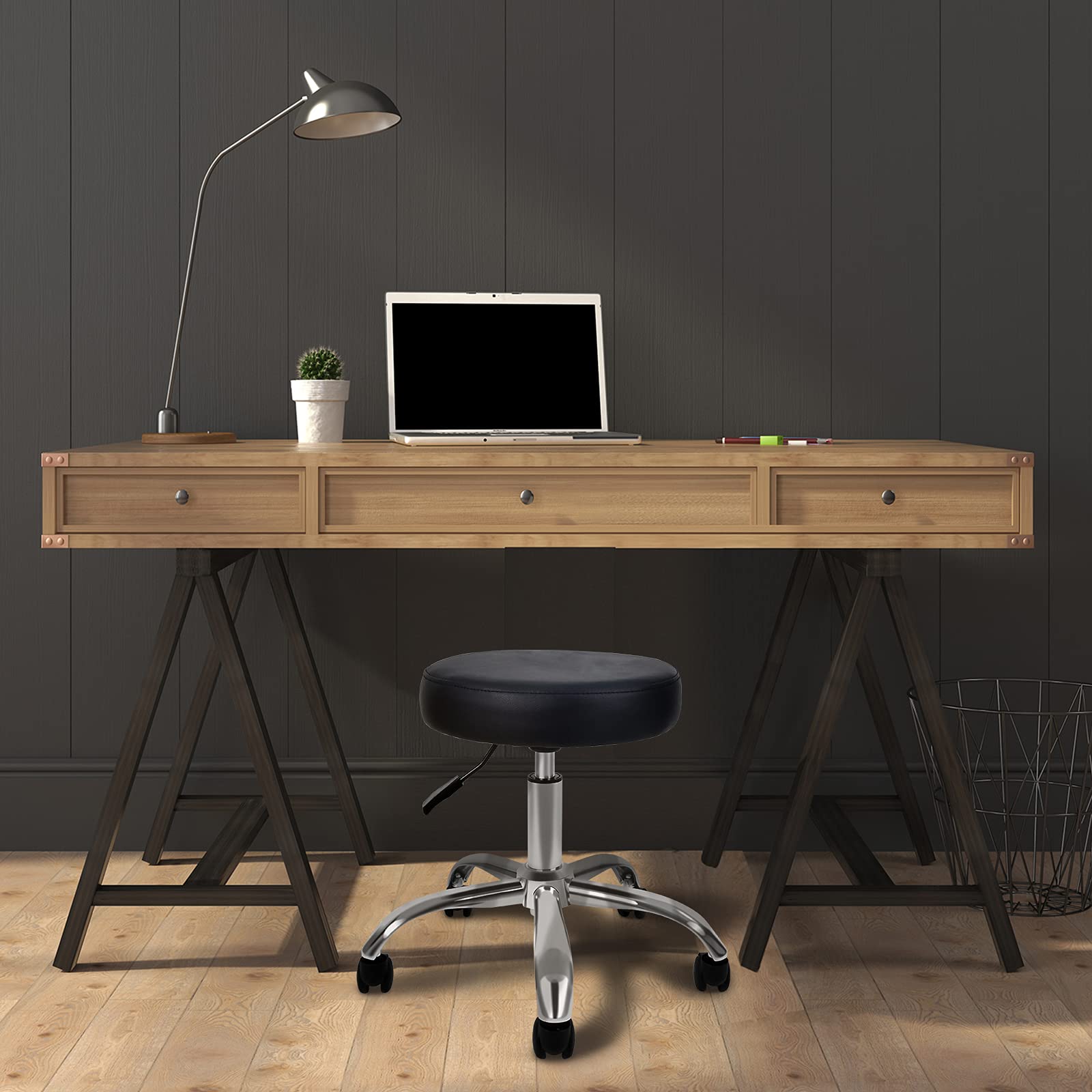 Simple Round Stool Chair With Wheels Height Adjustable, Black