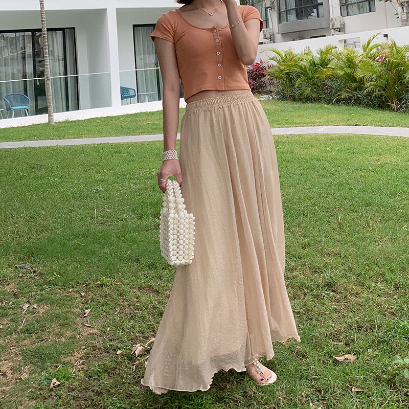 2021 Spring/Summer New Chiffon Long Skirt Long Dress Double-layer Tulle Elastic Waist Fresh Literary Dance Chinese Style Skirt