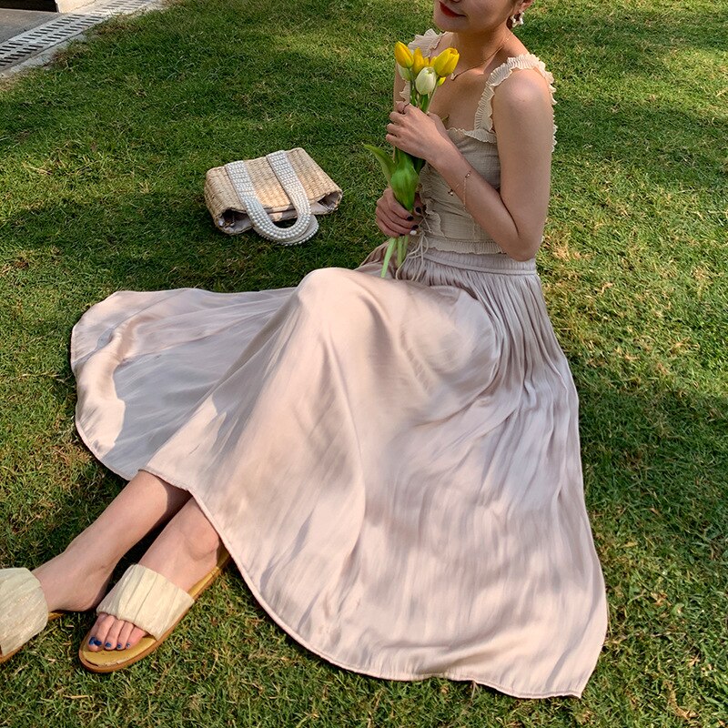 Summer Silky Skirt Elastic High Waist Glossy Silky Long skirt milk silk A-line Long Skirts Women beach skirt island silk dress