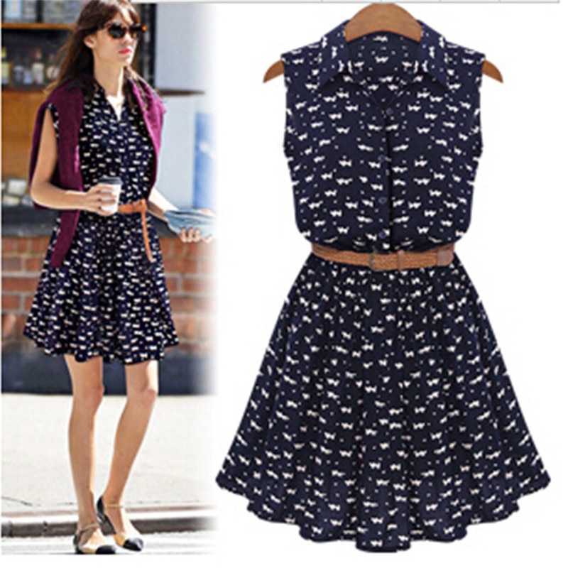 Summer Fashion Women Blouses Dress Cat Footprints Pattern Thin Blouse Dress Casual Dresses With Belt 2021