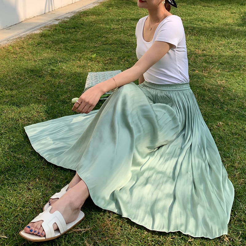 Summer Silky Skirt Elastic High Waist Glossy Silky Long skirt milk silk A-line Long Skirts Women beach skirt island silk dress