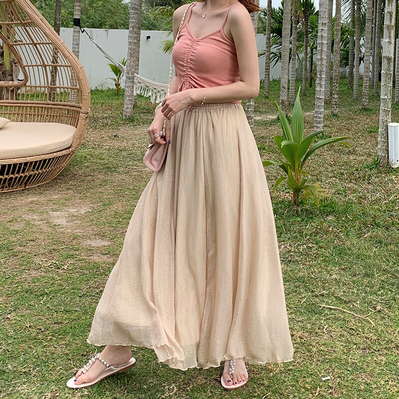 2021 Spring/Summer New Chiffon Long Skirt Long Dress Double-layer Tulle Elastic Waist Fresh Literary Dance Chinese Style Skirt