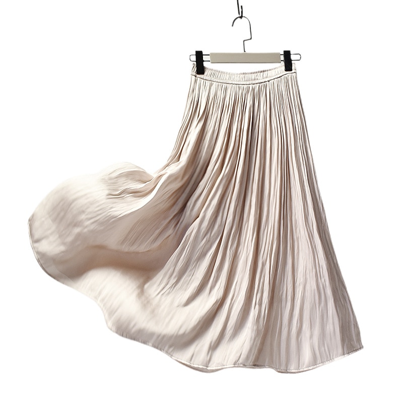 Summer Silky Skirt Elastic High Waist Glossy Silky Long skirt milk silk A-line Long Skirts Women beach skirt island silk dress