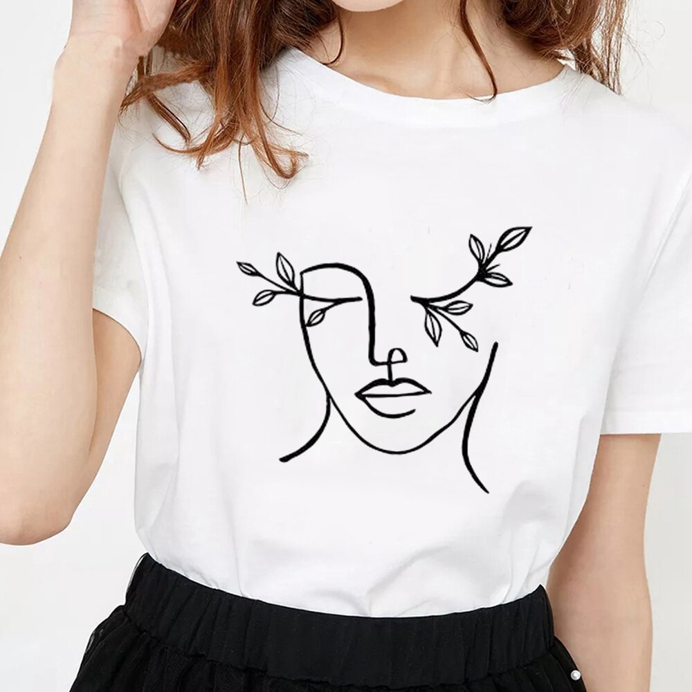 Women Tshirt 2021 Harajuku Stick figure Print Ladies T Shirt Casual Simple O-neck Short Sleeve T-shirt Abstract face tee tops