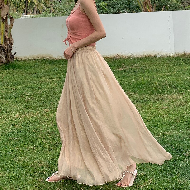 2021 Spring/Summer New Chiffon Long Skirt Long Dress Double-layer Tulle Elastic Waist Fresh Literary Dance Chinese Style Skirt