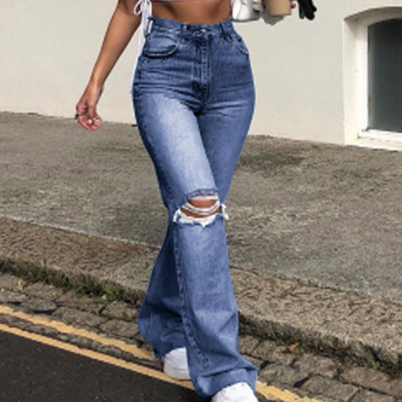 2XL Flare Jeans Women Holes Ripped Jeans Hollow Out High Waist Zipper Fly Denim Blue Black Vintage Jeans Wide Leg Pants New Y2K