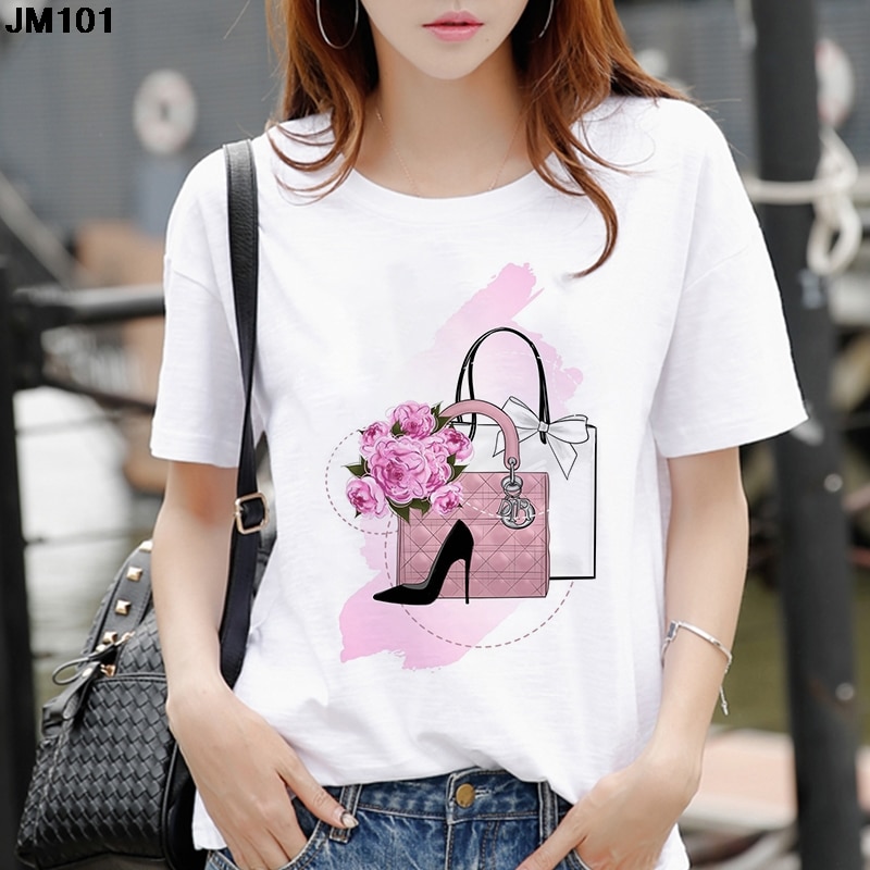 New Women's White Tshirt Fashion Ladies Bag Printing Short Sleeve T shirt Harajuku Streetwear Soft Tops Woman T-shirt Clothing
