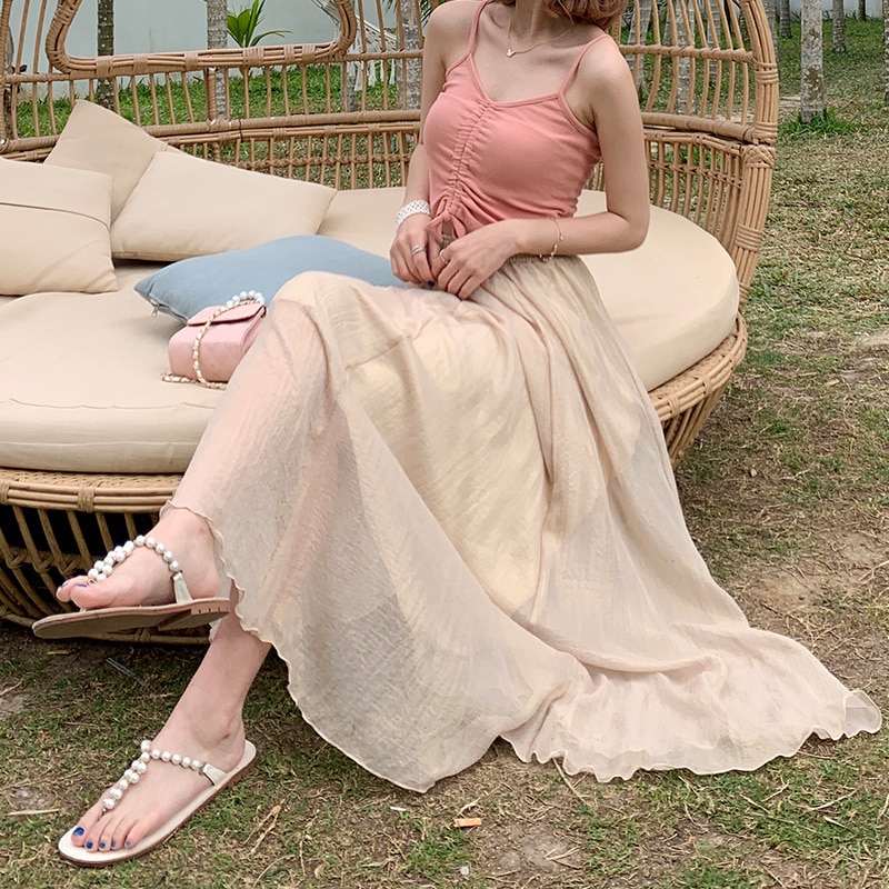 2021 Spring/Summer New Chiffon Long Skirt Long Dress Double-layer Tulle Elastic Waist Fresh Literary Dance Chinese Style Skirt
