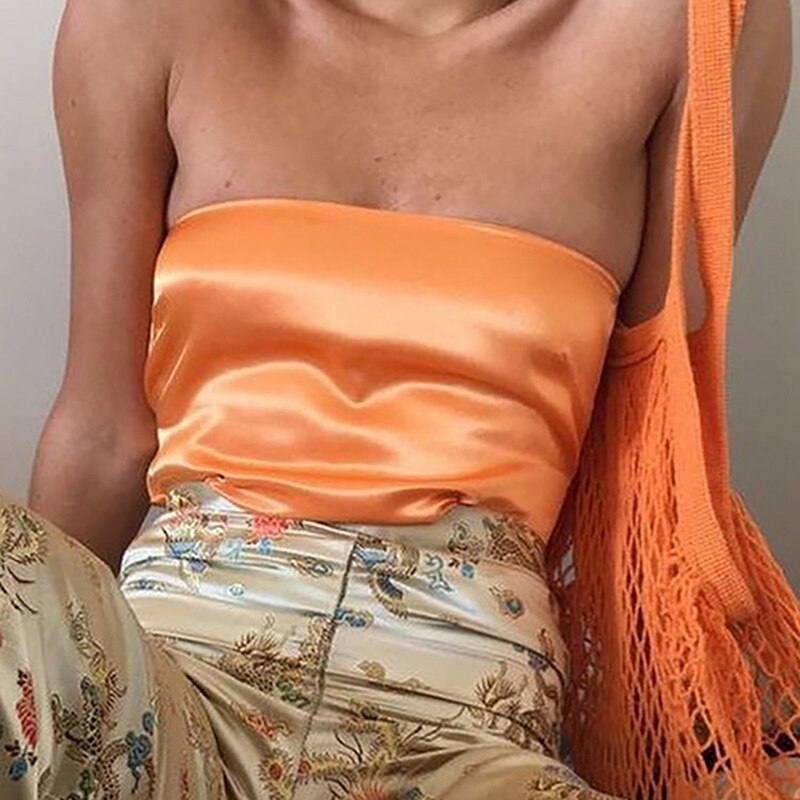 2022 Satin Backless Sexy Crop Top Women Green Summer Bandage Sleeveless Strapless Tank Tops Off Shoulder