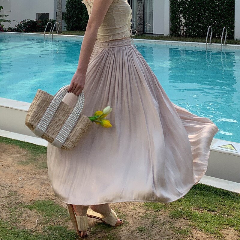 Summer Silky Skirt Elastic High Waist Glossy Silky Long skirt milk silk A-line Long Skirts Women beach skirt island silk dress