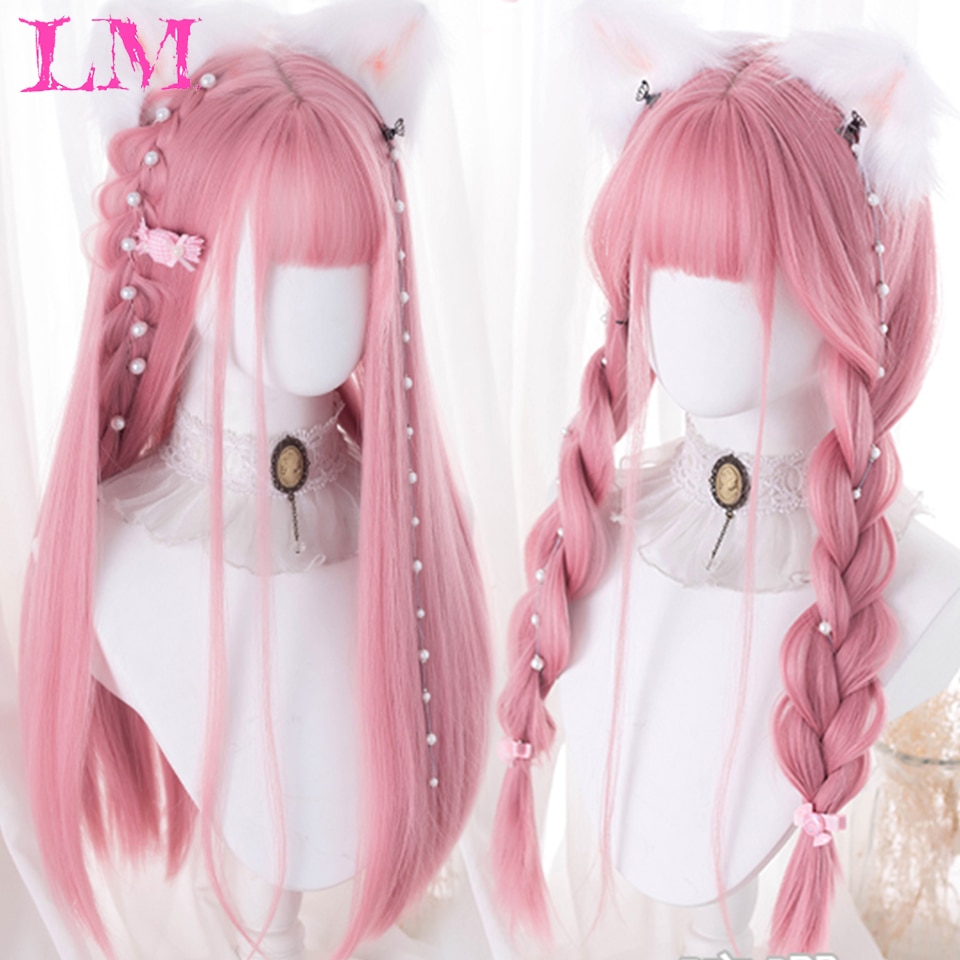 LM Cosplay Wig With Bangs Synthetic Straight Hair 24 Inch Long Heat-Resistant Pink Wig For Women