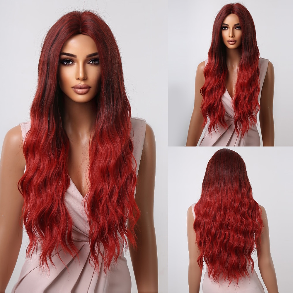Long Wavy Wine Red Synthetic Wigs Natural Wave Afro Wigs With Bangs for Black Women Cosplay Costume Wig Heat Resistant Fiber