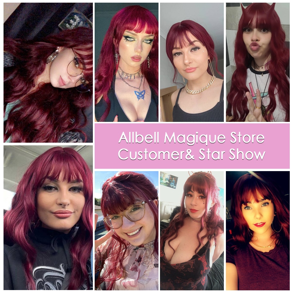Long Wavy Wine Red Synthetic Wigs Natural Wave Afro Wigs With Bangs for Black Women Cosplay Costume Wig Heat Resistant Fiber