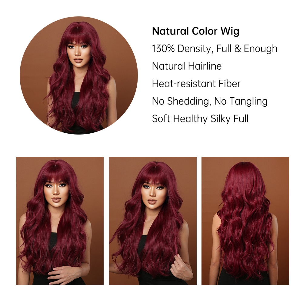 Long Wavy Wine Red Synthetic Wigs Natural Wave Afro Wigs With Bangs for Black Women Cosplay Costume Wig Heat Resistant Fiber