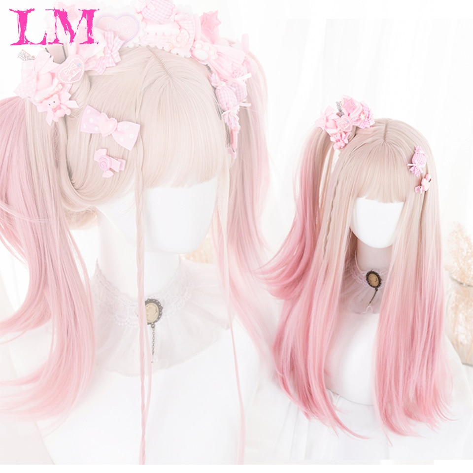 LM Long Straight Hair Synthetic Wig Girl Pink White Gradient Bangs Cosplay Lolita Party Heat-resistant Wigs