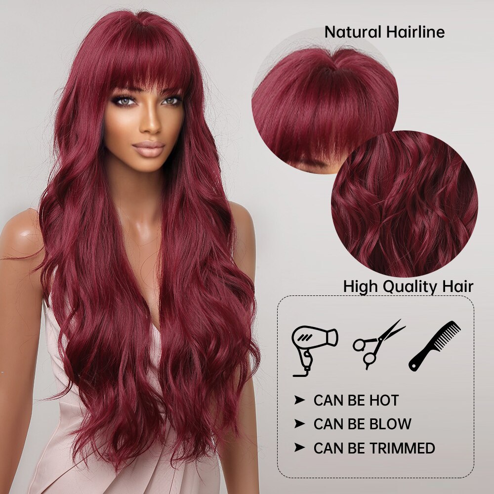 Long Wavy Wine Red Synthetic Wigs Natural Wave Afro Wigs With Bangs for Black Women Cosplay Costume Wig Heat Resistant Fiber