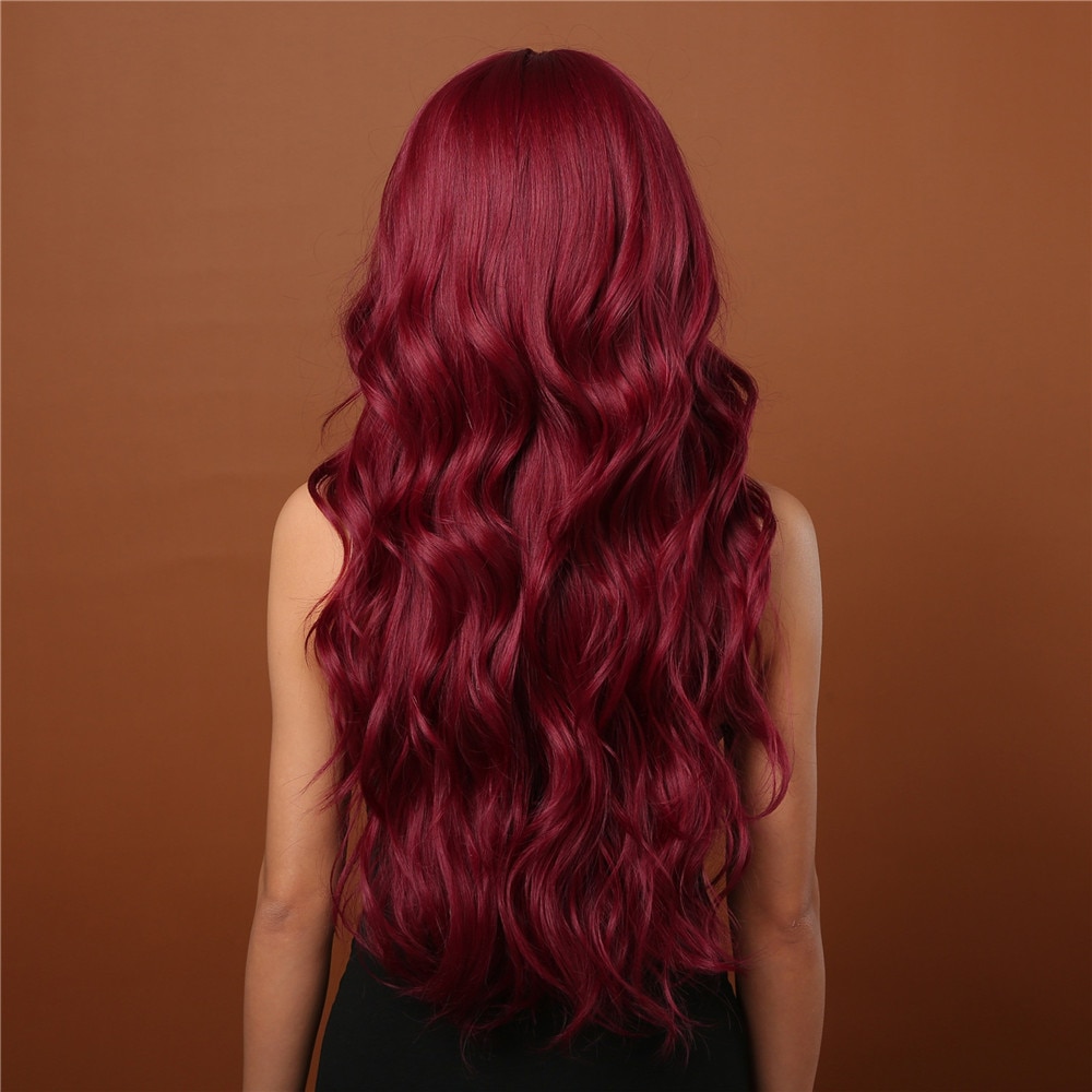 Long Wavy Wine Red Synthetic Wigs Natural Wave Afro Wigs With Bangs for Black Women Cosplay Costume Wig Heat Resistant Fiber