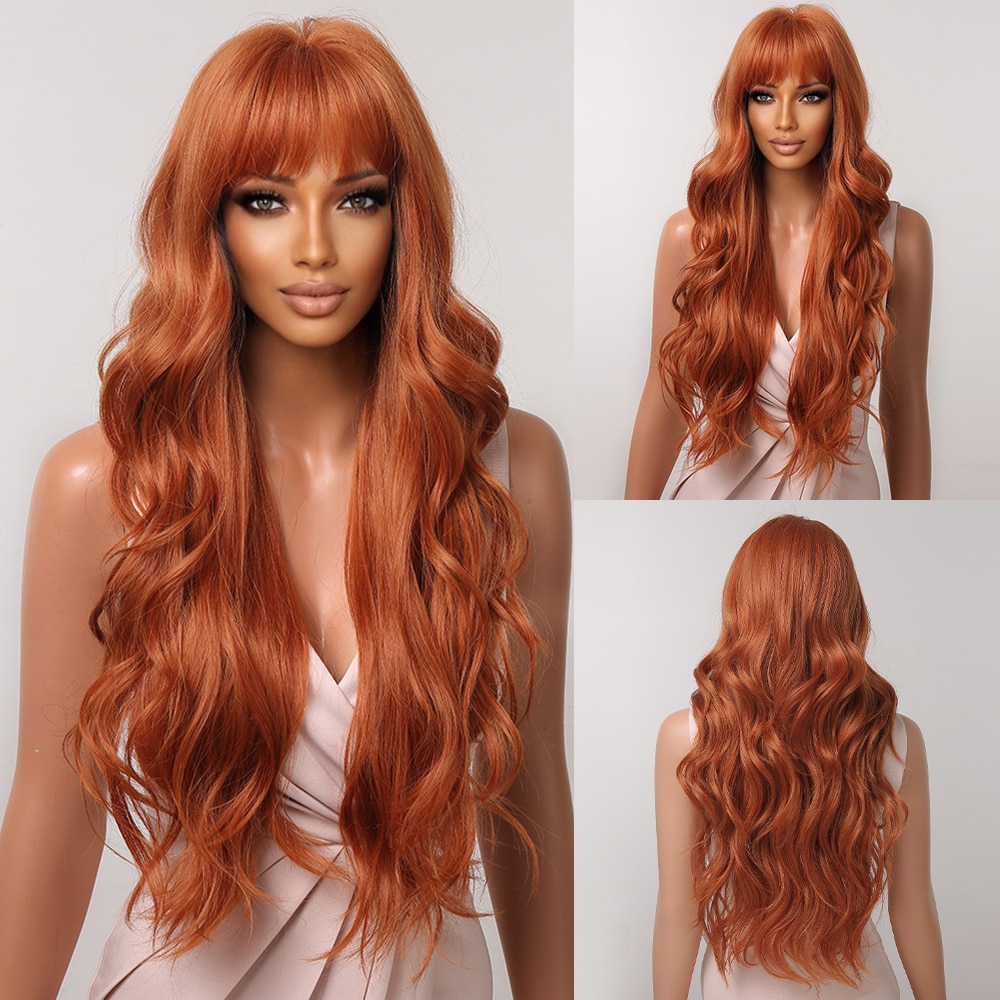 Long Wavy Wine Red Synthetic Wigs Natural Wave Afro Wigs With Bangs for Black Women Cosplay Costume Wig Heat Resistant Fiber