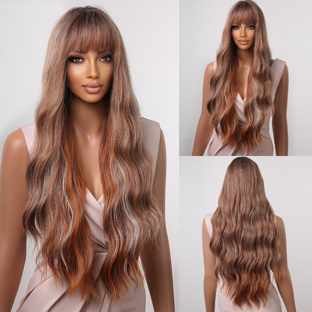 Long Wavy Wine Red Synthetic Wigs Natural Wave Afro Wigs With Bangs for Black Women Cosplay Costume Wig Heat Resistant Fiber