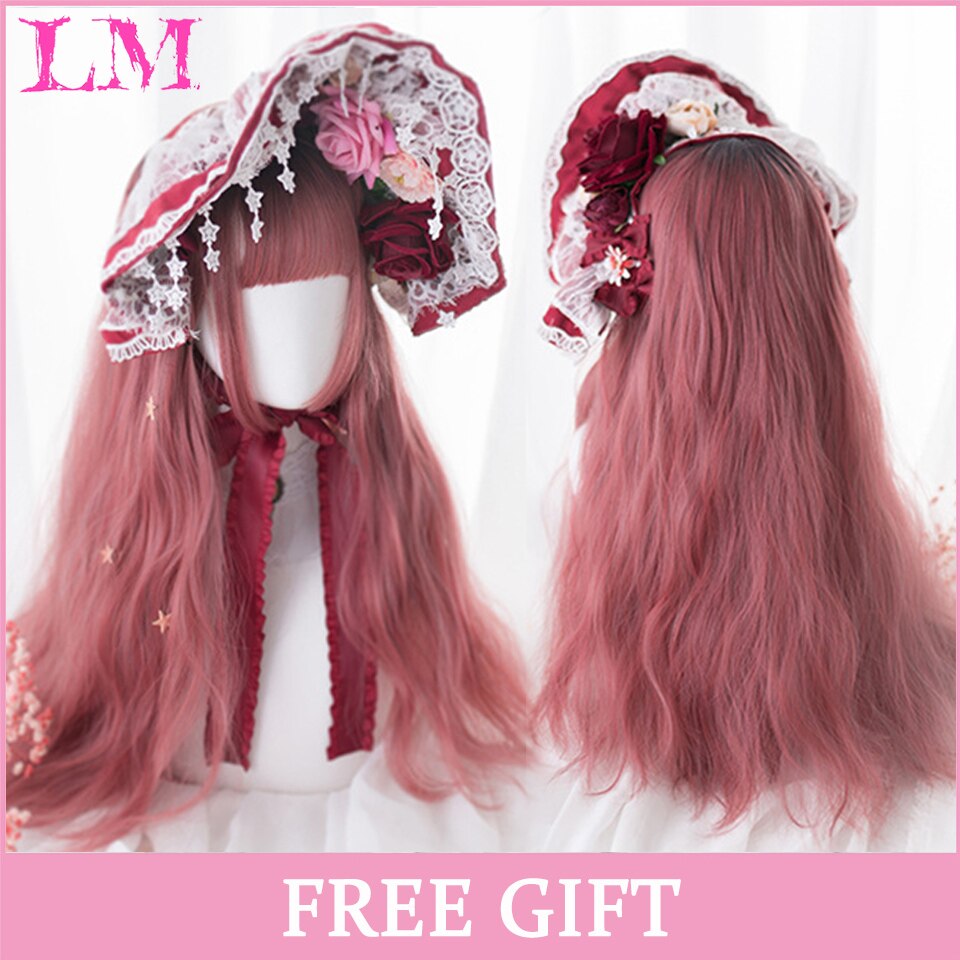 LM Long Straight Hair Synthetic Wig Girl Pink White Gradient Bangs Cosplay Lolita Party Heat-resistant Wigs