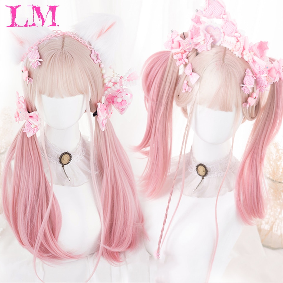 LM Long Straight Hair Synthetic Wig Girl Pink White Gradient Bangs Cosplay Lolita Party Heat-resistant Wigs