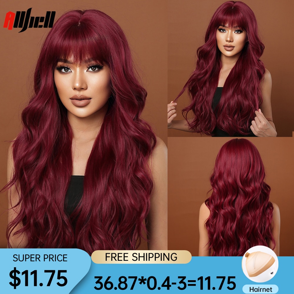 Long Wavy Wine Red Synthetic Wigs Natural Wave Afro Wigs With Bangs for Black Women Cosplay Costume Wig Heat Resistant Fiber
