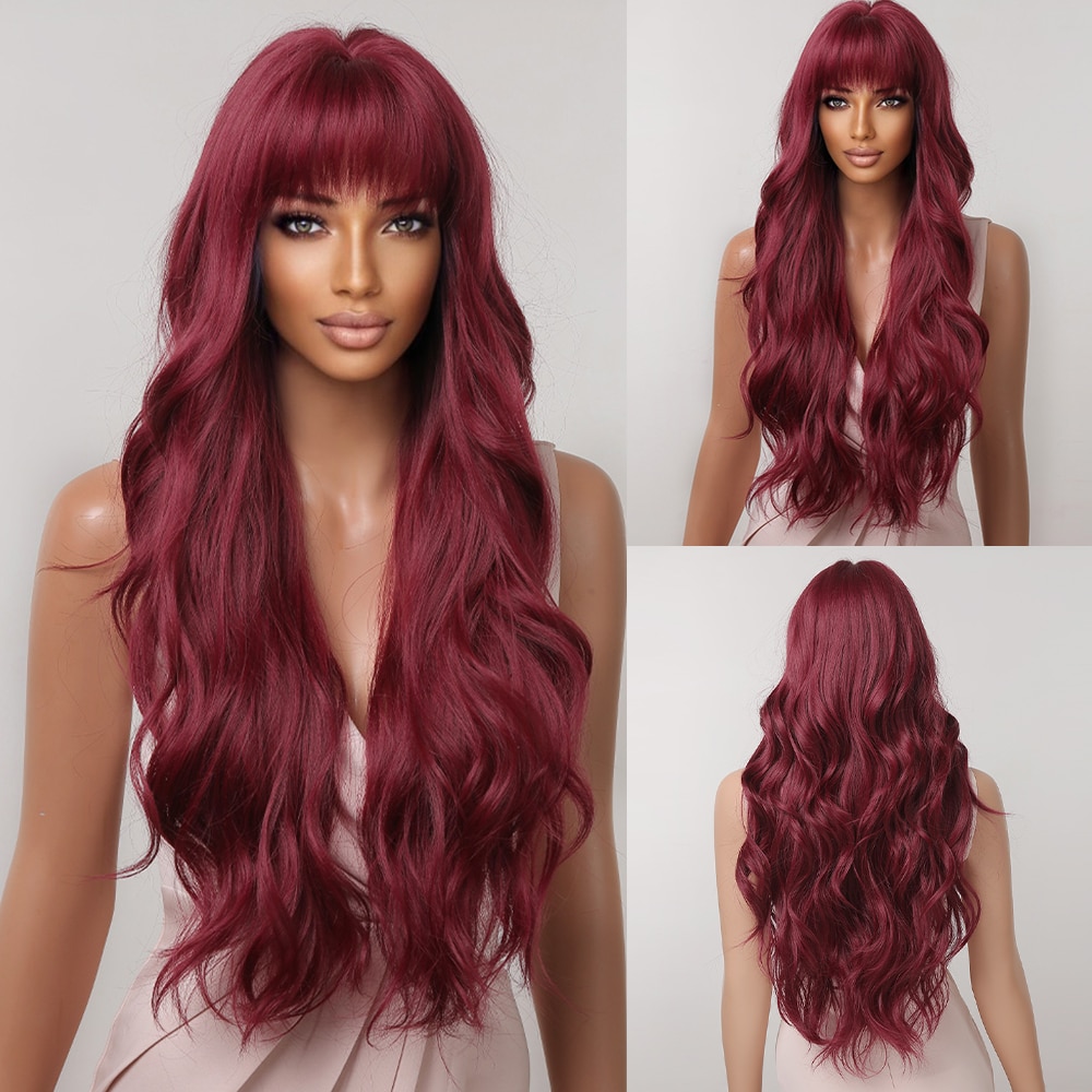 Long Wavy Wine Red Synthetic Wigs Natural Wave Afro Wigs With Bangs for Black Women Cosplay Costume Wig Heat Resistant Fiber