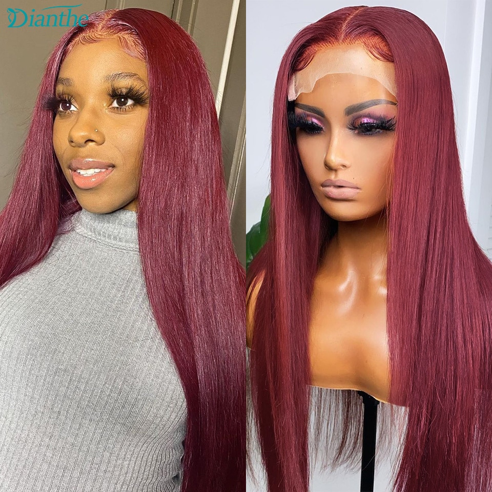 Brazilian Burgundy Straight 4x4 Lace Closure Wig 99J Human Hair Wigs For Women 180 Density Transparent Lace Wigs Dianthe Hair