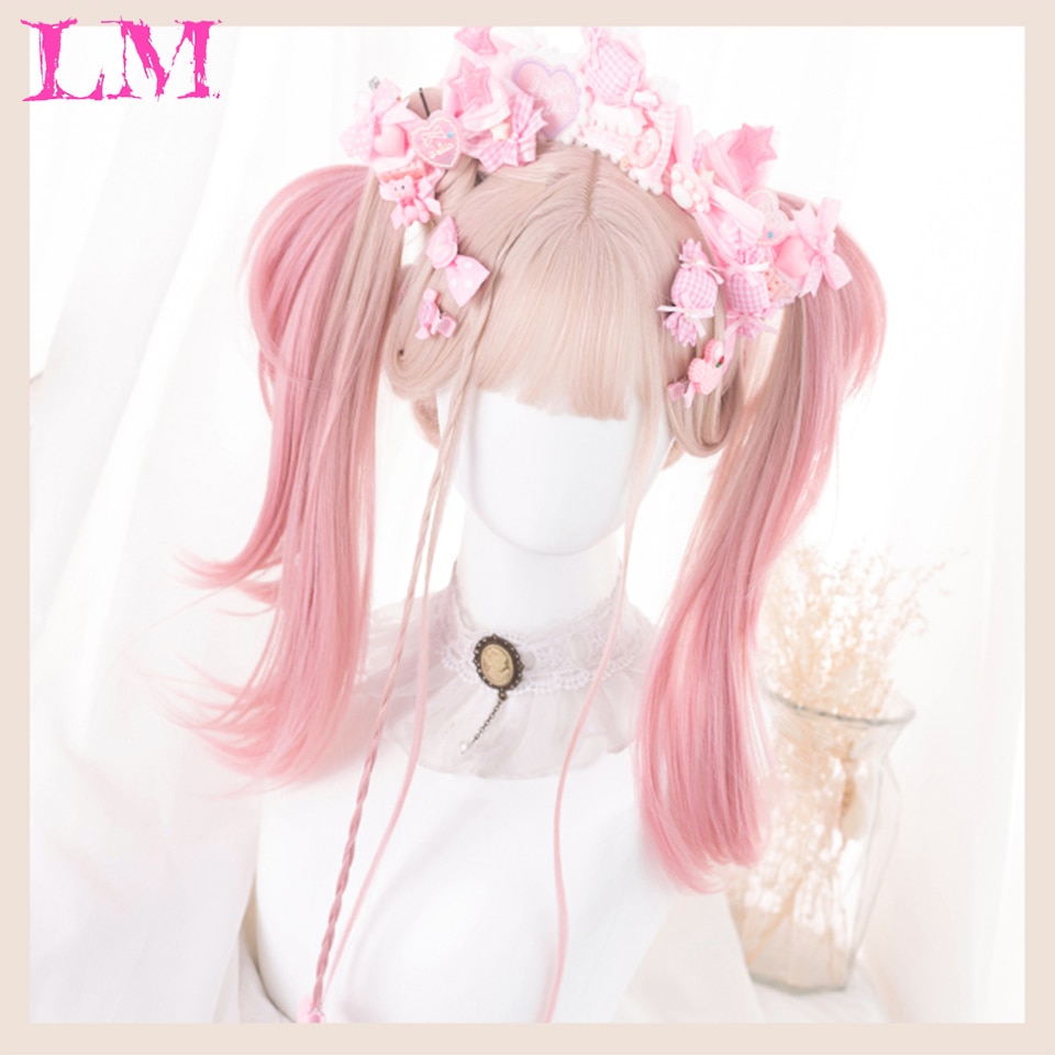 LM Long Straight Hair Synthetic Wig Girl Pink White Gradient Bangs Cosplay Lolita Party Heat-resistant Wigs