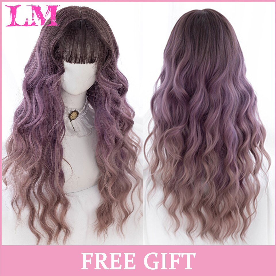 LM Long Straight Hair Synthetic Wig Girl Pink White Gradient Bangs Cosplay Lolita Party Heat-resistant Wigs