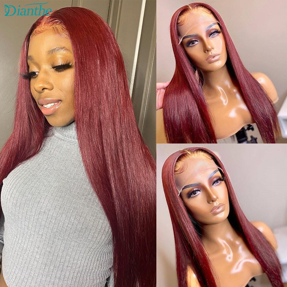 Brazilian Burgundy Straight 4x4 Lace Closure Wig 99J Human Hair Wigs For Women 180 Density Transparent Lace Wigs Dianthe Hair