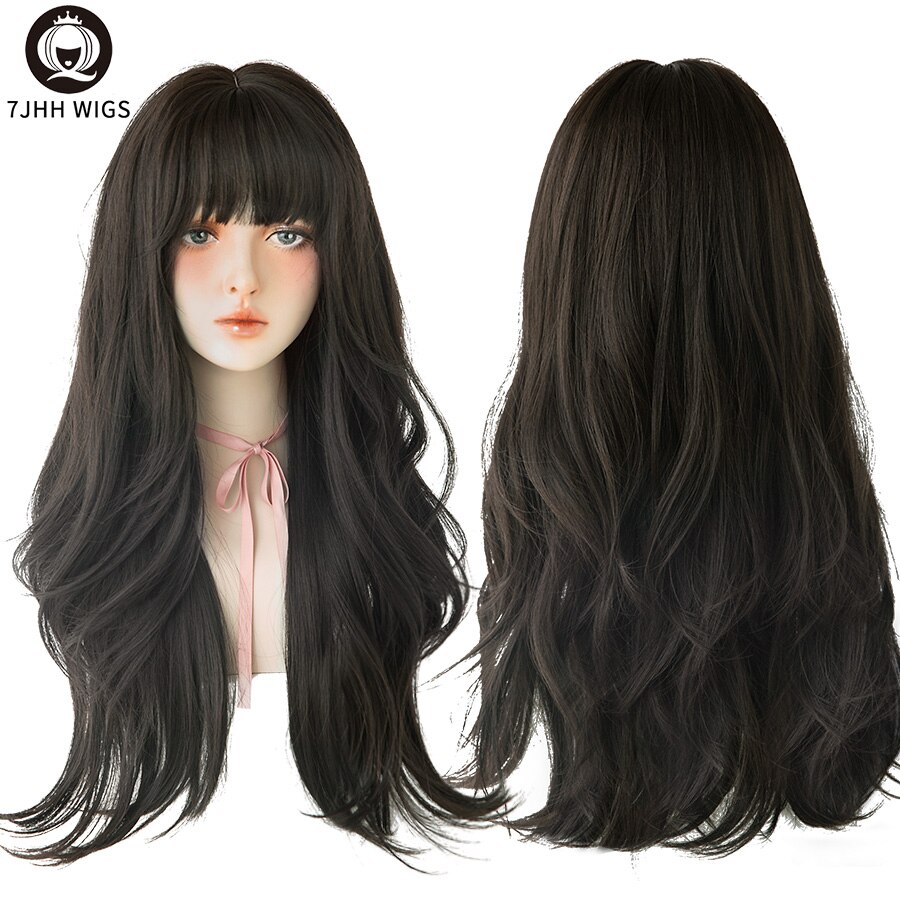 7JHH WIGS Long Wavy Curly Black Blonde Hair Highlights Synthetic Blend Wigs With Fluffy Bangs For Women's Daily Wear Four Season