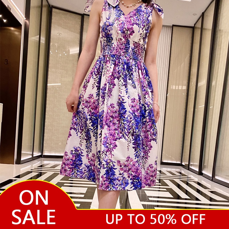 High Quality 100% Cotton Women's Dress Fashion Runway Wisteria Flower Print V Neck Elastic Waist Holiday Dress Summer 2022 New