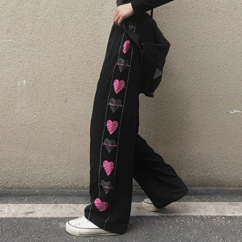 Wide Leg Summer Pants Clothes For Woman Korean Fashion Heart Print Harajuku Streetwear Y2k Clothes Pants Trousers Woman