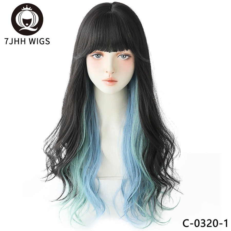 7JHH WIGS Long Wavy Curly Black Blonde Hair Highlights Synthetic Blend Wigs With Fluffy Bangs For Women's Daily Wear Four Season