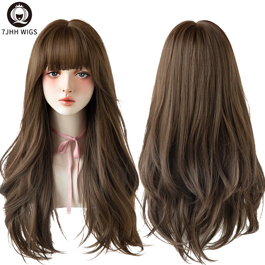7JHH WIGS Long Wavy Curly Black Blonde Hair Highlights Synthetic Blend Wigs With Fluffy Bangs For Women's Daily Wear Four Season