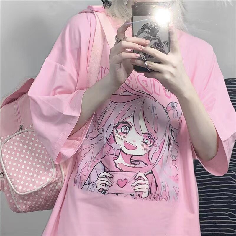 Summer Clothes For Women T shirt Oversize Japanese Fashion Pink Top Cute Cartoon Girl Print Loose Short-Sleeved T-Shirt Women