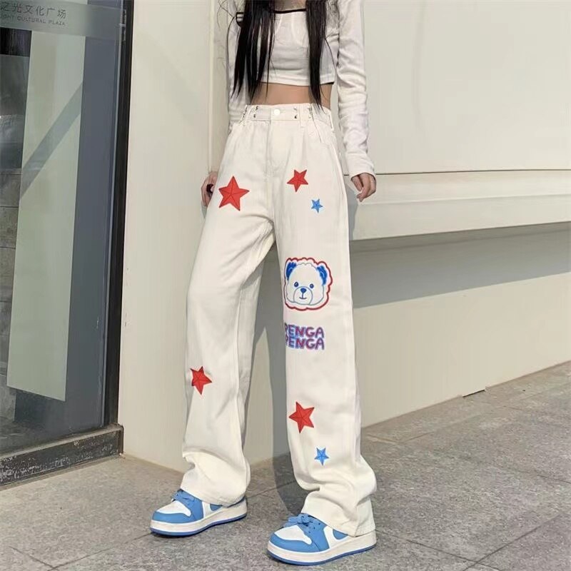 Denim Trousers American Kawaii Anime Print Y2k Streetwear High Waist Wide Leg Baggy Graphic Pants